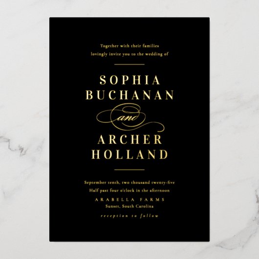黒エレガントと金ゴールドのスクリプクラシックト結婚 箔招待状 (正面)