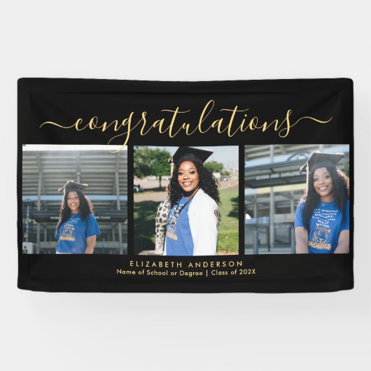 黒エレガントと金ゴールドのスクリプトの卒業写真 横断幕 (横)