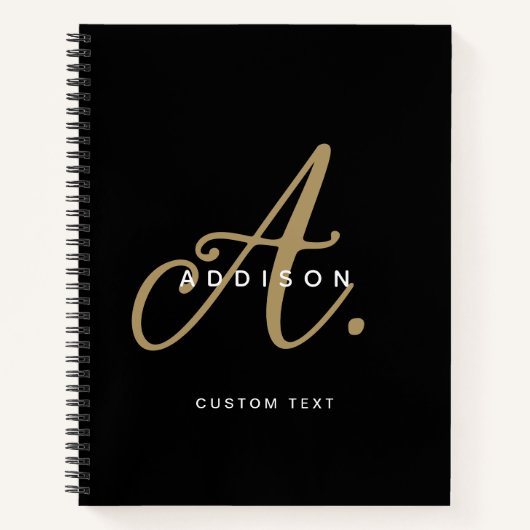 黒エレガントと金ゴールドのスクリプトモノグラム ノートブック (正面)