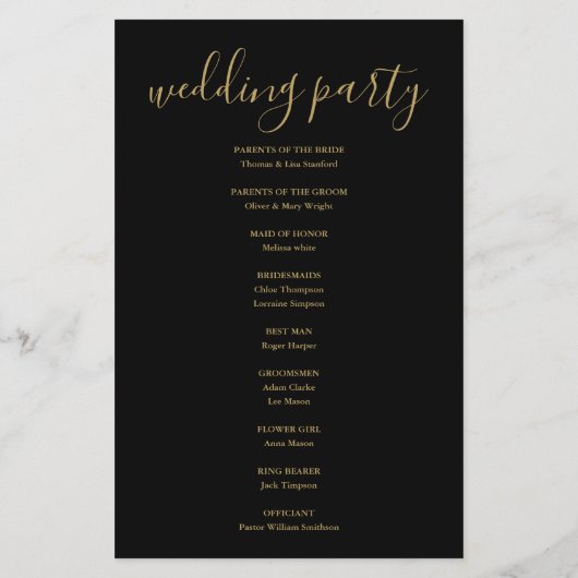 黒エレガントと金ゴールドのスクリプト結婚式 プログラム (裏面)