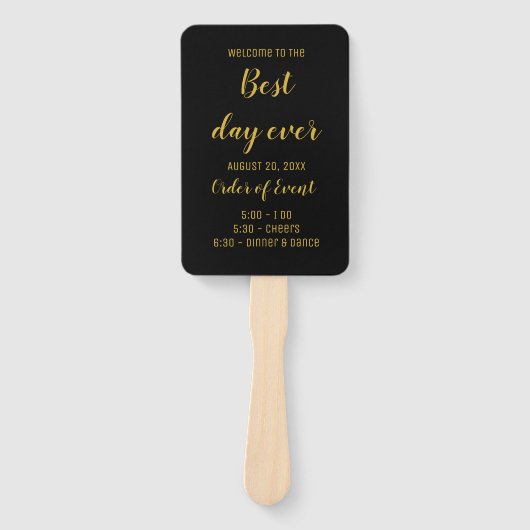 黒エレガントと金ゴールドのスクリプト結婚式 プログラム ハンドファン (正面)