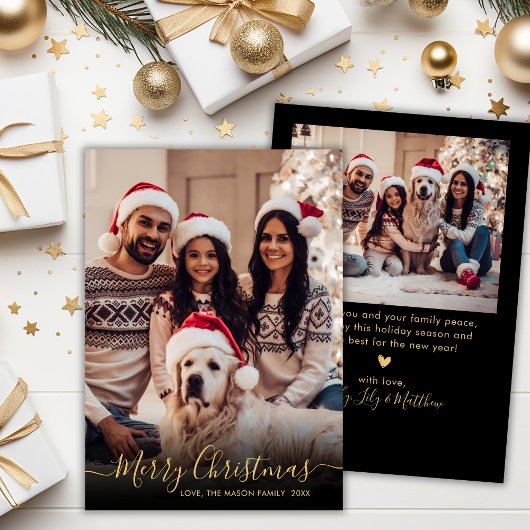 黒エレガントと金ゴールドのスクリプト2写真クリスマス シーズンカード