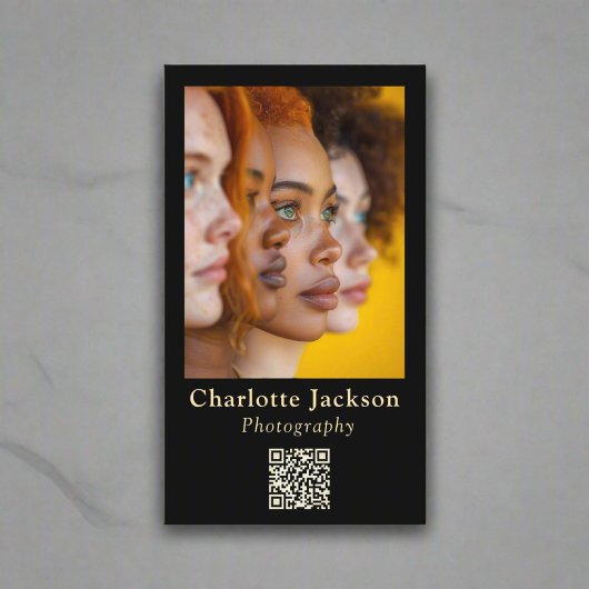 黒エレガントと金ゴールドのスクリプトl写真とQrコード 名刺