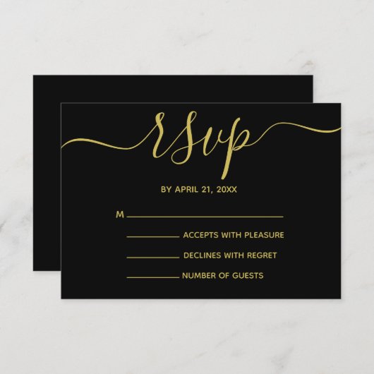 黒エレガントと金ゴールドのスクリプトRSVPカード 出欠カード (正面/裏面)