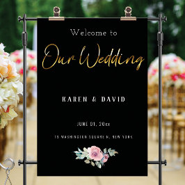 黒エレガントと金ゴールドのスクリプ結婚トのウェルカムサイン ポスター