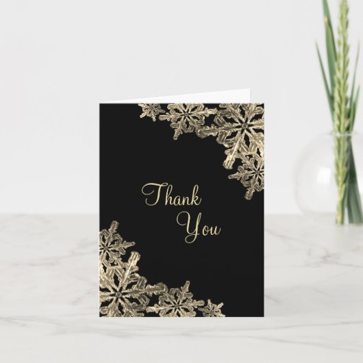 黒エレガントと金ゴールドのスノーフレークサンキューカード サンキューカード (正面)