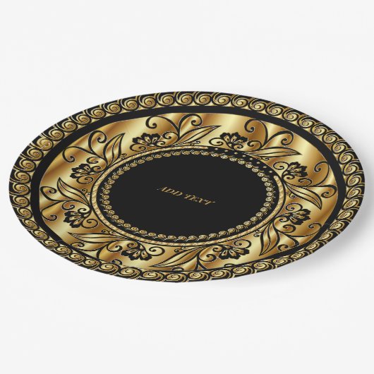 黒エレガントと金ゴールドのテンプレート ペーパープレート (アングル)