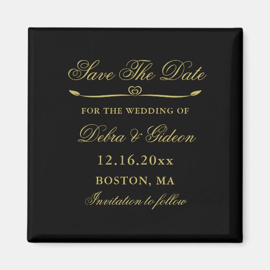 黒エレガントと金ゴールドのハートが栄える日付を保存 マグネット (正面)