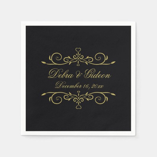 黒エレガントと金ゴールドのハートが栄え結婚る スタンダードカクテルナプキン (正面)