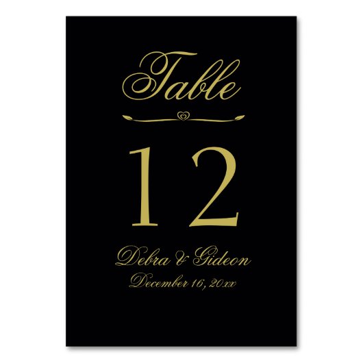 黒エレガントと金ゴールドのハートが栄え結婚る テーブルナンバー (裏面)