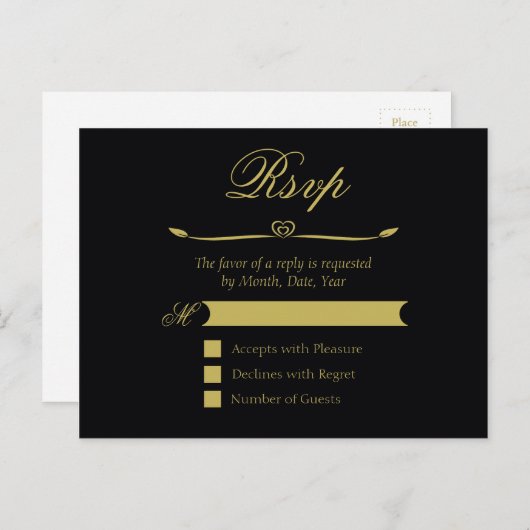 黒エレガントと金ゴールドのハートの繁栄RSVP インビテーションポストカード (正面/裏面)