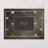 黒エレガントと金ゴールドのハートRSVP インビテーションポストカード (正面)