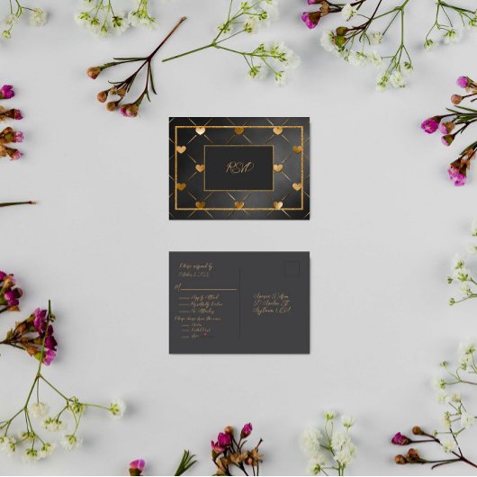 黒エレガントと金ゴールドのハートRSVP インビテーションポストカード