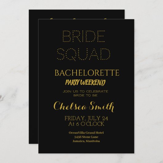 黒エレガントと金ゴールドのバチェロレッテの日程詳細 招待状 (正面/裏面)