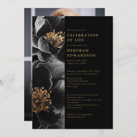 黒エレガントと金ゴールドのフローラお祝い 招待状 (正面/裏面)