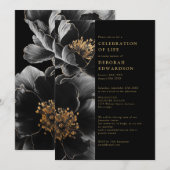 黒エレガントと金ゴールドのフローラお祝い 招待状 (正面/裏面)