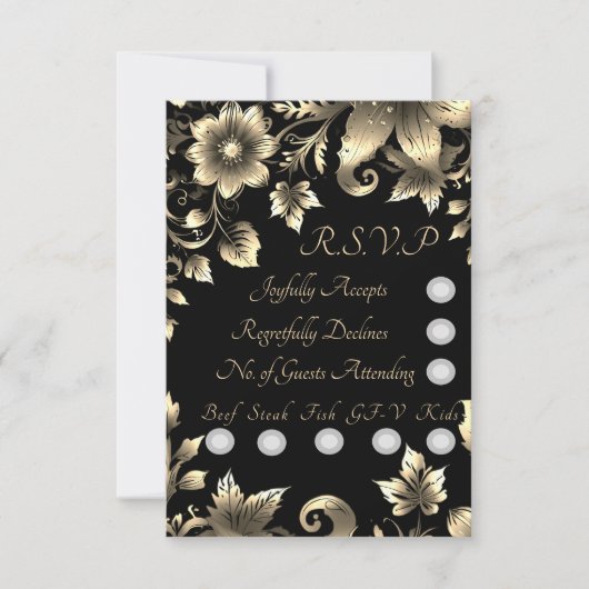 黒エレガントと金ゴールドのフローラのセ結婚ット 出欠カード (正面)