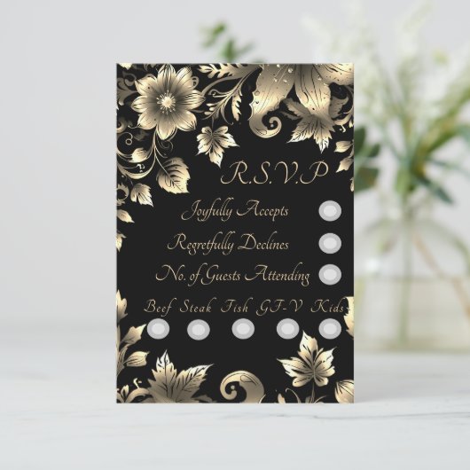 黒エレガントと金ゴールドのフローラのセ結婚ット 出欠カード (スタンド正面)