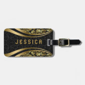 黒エレガントと金ゴールドのフローラのマスクのパターン ラゲッジタグ (正面横)