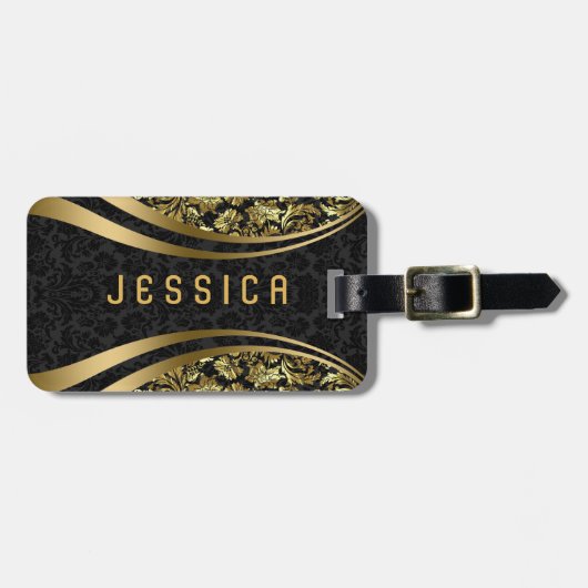 黒エレガントと金ゴールドのフローラのマスクのパターン ラゲッジタグ (正面横)