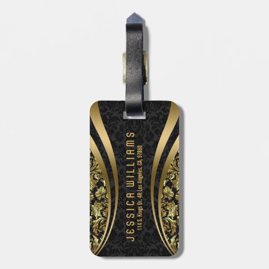 黒エレガントと金ゴールドのフローラのマスクのパターン ラゲッジタグ (裏面縦)