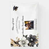 黒エレガントと金ゴールドのフローラの卒業バナー 横断幕 (縦)