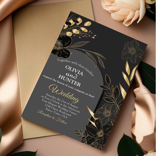 黒エレガントと金ゴールドのフローラの結婚写真 箔招待状