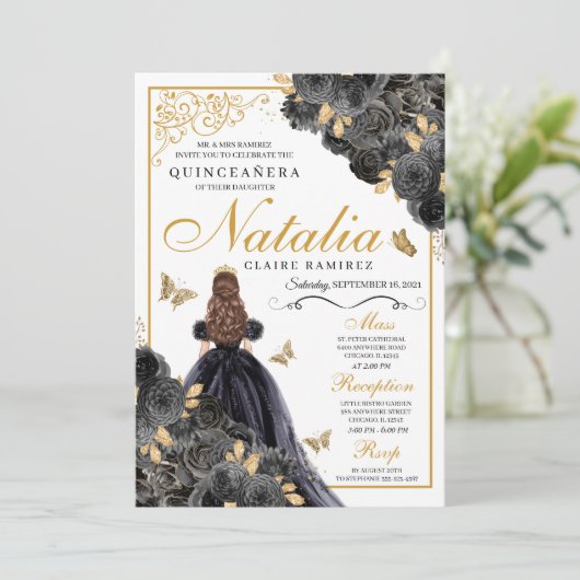 黒エレガントと金ゴールドのフローラキンセアニェラ誕生日 招待状 (スタンド正面)