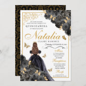 黒エレガントと金ゴールドのフローラキンセアニェラ誕生日 招待状 (正面/裏面)