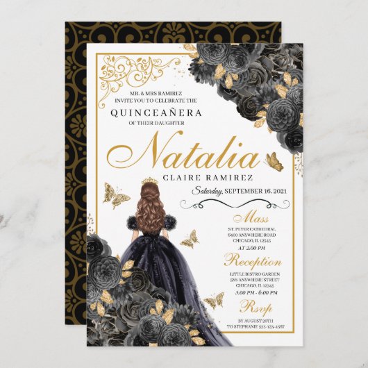 黒エレガントと金ゴールドのフローラキンセアニェラ誕生日 招待状 (正面/裏面)