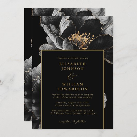 黒エレガントと金ゴールドのフローラシック結婚ズ 招待状 (正面/裏面)