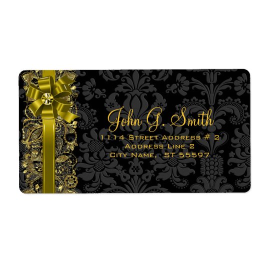黒エレガントと金ゴールドのフローラダマスクとレース ラベル (正面)