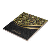 黒エレガントと金ゴールドのフローラダマスクパターン タイル (側面)