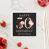 黒エレガントと金ゴールドのフローラハッピー50誕生日 スタンダードカクテルナプキン (インサイチュ)