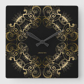 黒エレガントと金ゴールドのフローラフレーム スクエア壁時計 (正面)