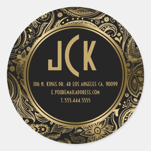 黒エレガントと金ゴールドのフローラペイズリーパターン ラウンドシール (正面)