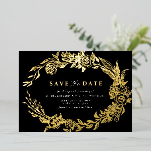 黒エレガントと金ゴールドのフローラモダン保存日 箔招待状 (立ち正面)