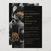 黒エレガントと金ゴールドのフローラ退職パーティー 招待状 (正面/裏面)