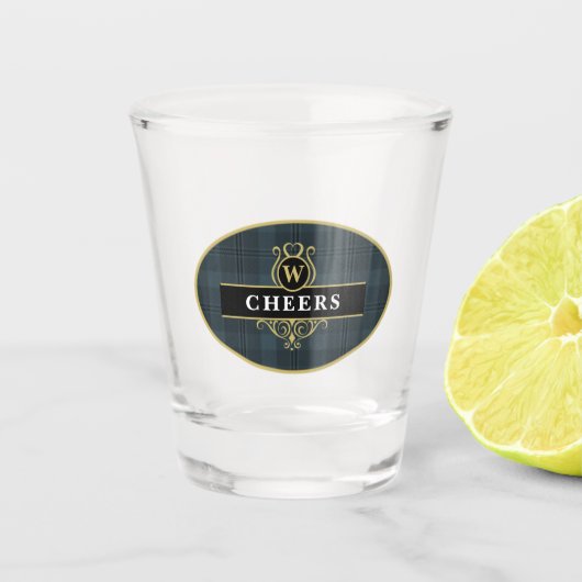 黒エレガントと金ゴールドのプレイドパーソナライズされた ショットグラス (正面)