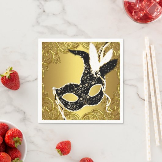 黒エレガントと金ゴールドのマスカレードパーティー スタンダードカクテルナプキン (インサイチュ)