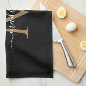黒エレガントと金ゴールドのモノグラムスクリプト名 キッチンタオル (四つ折り)