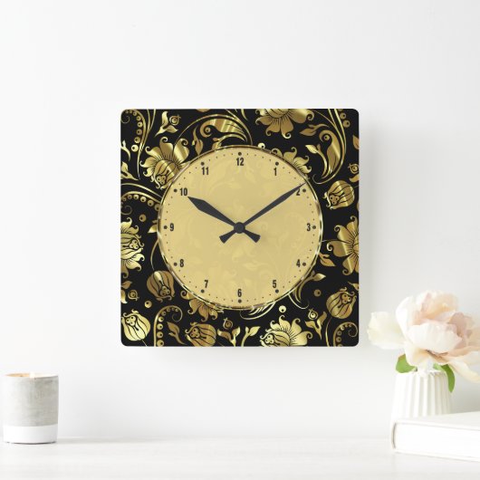 黒エレガントと金ゴールドのヴィンテージフローラのマスク スクエア壁時計 (ホーム)