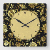 黒エレガントと金ゴールドのヴィンテージフローラのマスク スクエア壁時計 (正面)