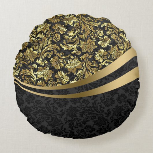 黒エレガントと金ゴールドのヴィンテージフローラのマスク ラウンドクッション (正面)