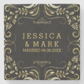 黒エレガントと金ゴールドのヴィンテージフローラフレーム ストーンコースター (正面)