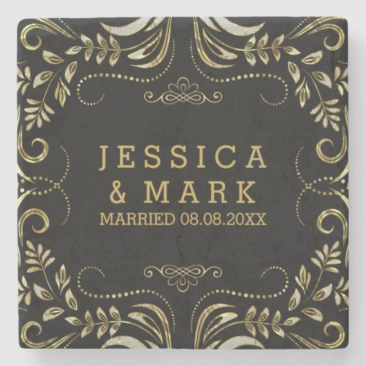 黒エレガントと金ゴールドのヴィンテージフローラフレーム ストーンコースター (正面)