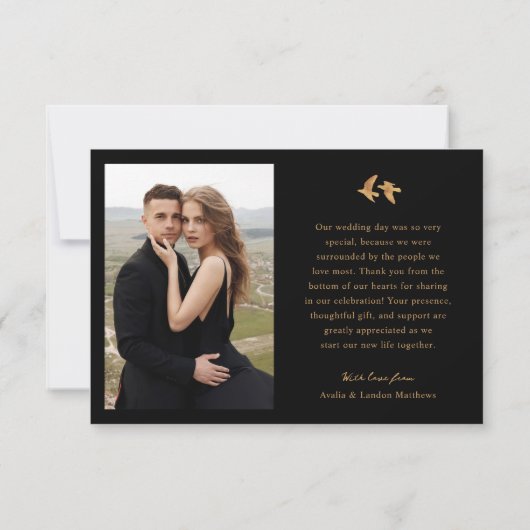 黒エレガントと金ゴールドの写真結婚の |鳥 サンキューカード (裏面)