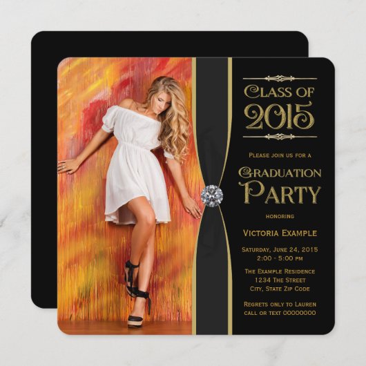 黒エレガントと金ゴールドの卒業発表 招待状 (正面/裏面)