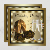 黒エレガントと金ゴールドの女性の誕生日パーティー 招待状 (正面/裏面)