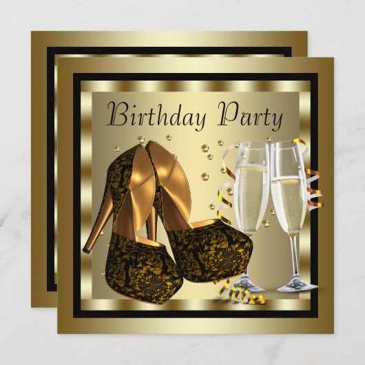 黒エレガントと金ゴールドの女性の誕生日パーティー 招待状 (正面/裏面)